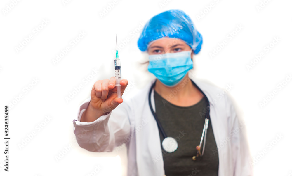 nurse woman holding syringe for virus protection. focus on the hand nurse woman holding syringe for virus protection. focus on the hand