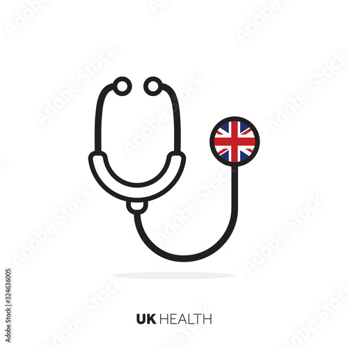 UK healthcare concept. Medical stethoscope with country flag