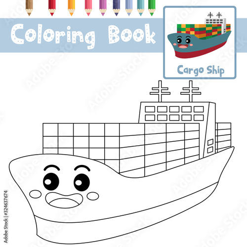 Coloring page Cargo Ship cartoon character perspective view vector illustration