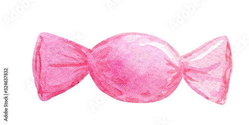 watercolor hand drawn pink sweet candy in wrapping paper isolated on white background
