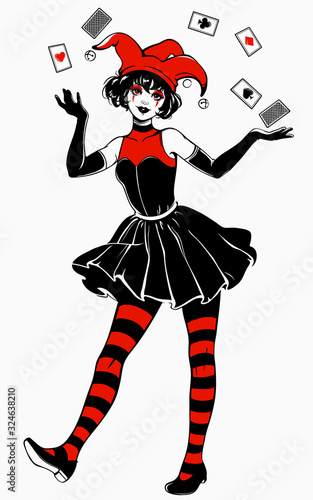 funny joker girl in red and black colors juggling a deck of cards
