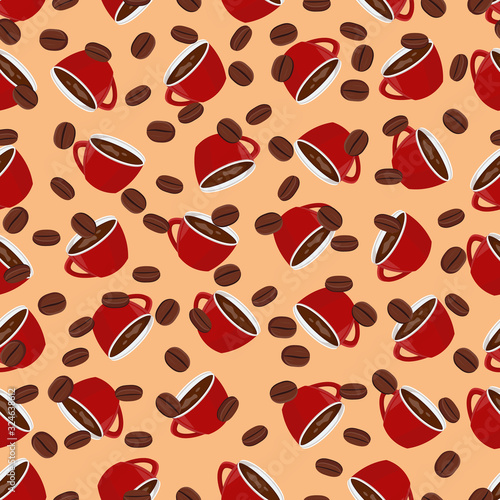 Coffee cups pattern with coffee beans. Coffee background. Seamless coffee pattern