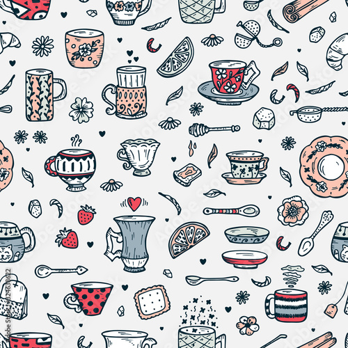 Hand Drawn doodle Coffee Cups or Tea Cups and Different additives for tea drinking - Vector Seamless Pattern
