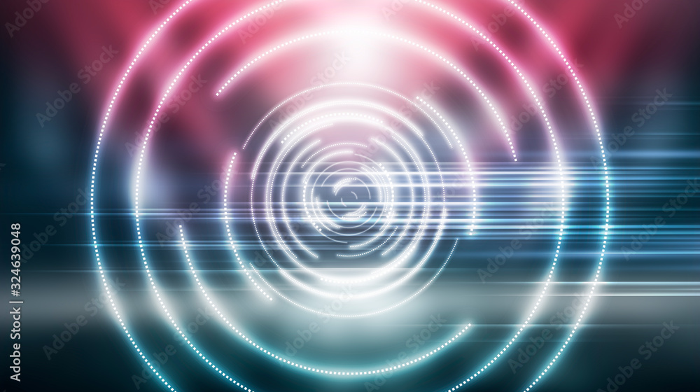 Fototapeta premium Dark futuristic neon background. Light center, neon circle. Rays and lines, geometric shapes.