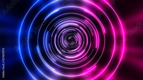 Dark futuristic neon background. Light center, neon circle. Rays and lines, geometric shapes.