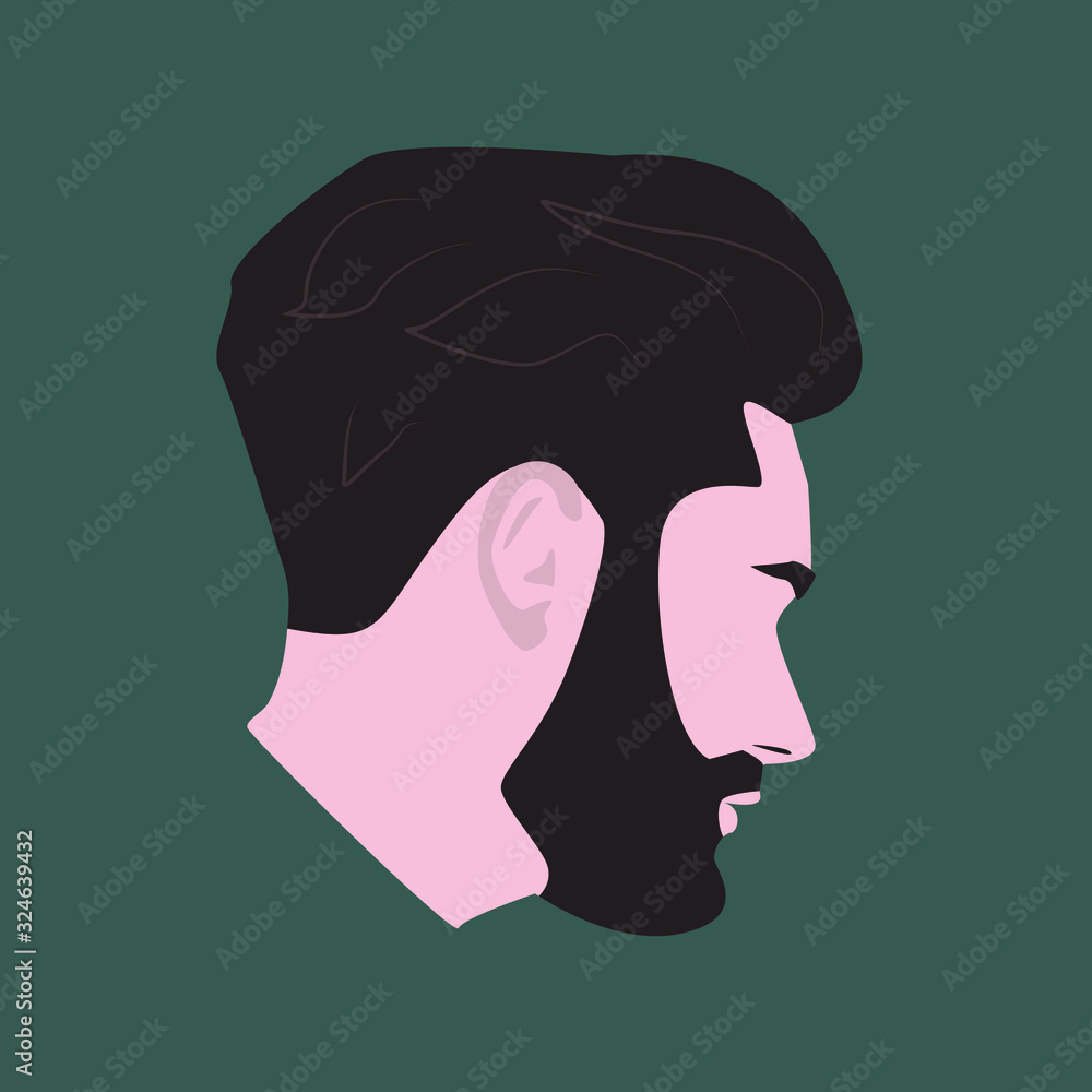 Male head on the side. Flat colored illustration