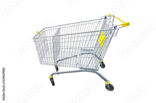 Metal yellow empty shopping cart isolated on a white background