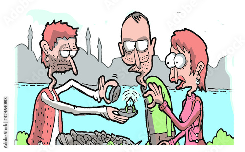 man selling mussels and marriage proposal cartoon
