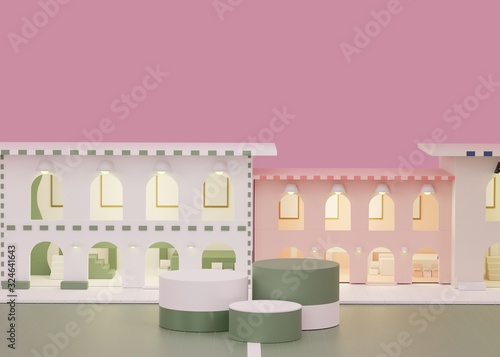 Fashion show stage with isometric building theme background. Empty scene for mock up.