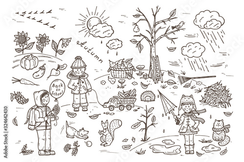 Autumn season. Children. Walk on outdoors. Background for kids. Hand drawn doodle Childhood set. Rainy weather. Coloring page