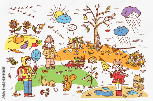 Autumn season. Children. Walk on outdoors. Colorful Background for kids. Hand drawn doodle Childhood set. Rainy weather.