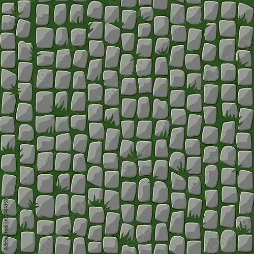 Seamless pattern of cobblestone street paving with grass.