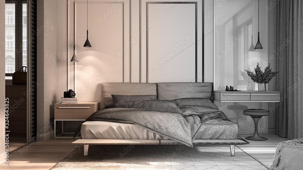 Fototapeta premium Architect interior designer concept: unfinished project that becomes real, minimal classic bedroom with walk-in closet, bed with duvet, side tables and carpet, luxury interior idea