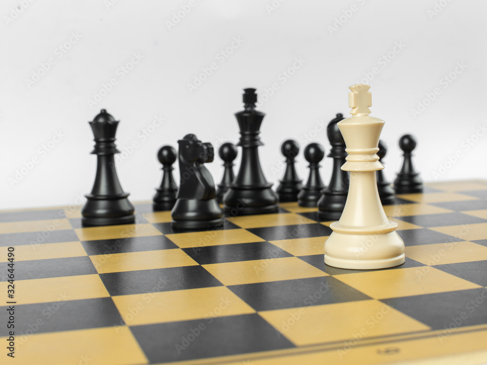 White king and black full team on a chessboard