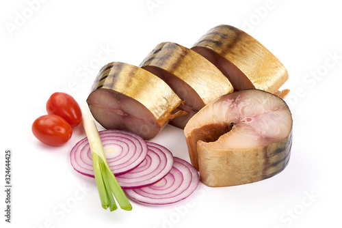 Smoked mackerel slices, isolated on white background photo