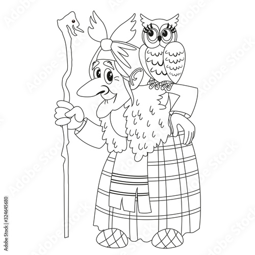Character of Russian folk tale Baba Yaga. Funny old witch with a staff and an owl. Coloring book