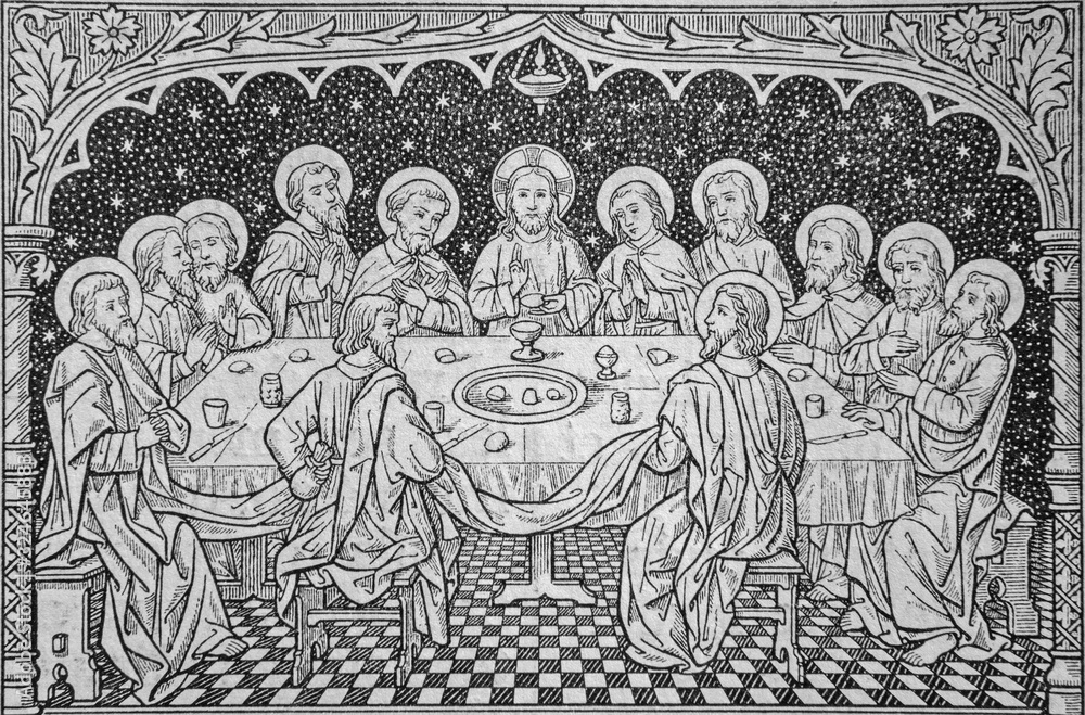 BRATISLAVA, SLOVAKIA, NOVEMBER - 11, 2010: The lithography of Last Supper in the old liturgical book from end of 19. cent.