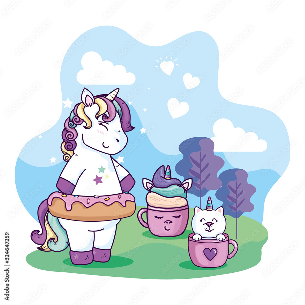 Fototapeta premium cute unicorn in landscape with cups of fantasy vector illustration design
