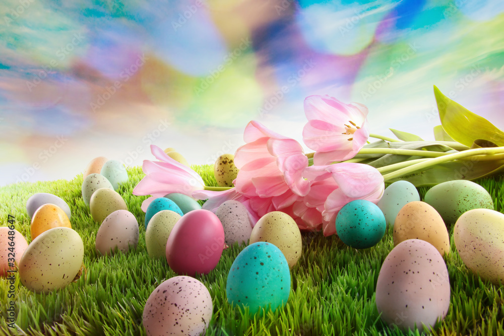 Fototapeta premium Easter eggs with tulips on grass with rainbow sky