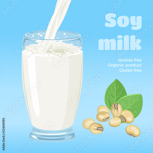 Soy milk in glass isolated on blue background. Pouring vegan milk and splash. Plant-based drink in cartoon flat style. Vector illustration of milk flow. Organic Dairy Free beverage.