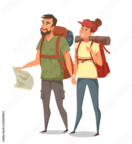 Young man and woman backpacker isolated on white