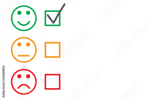 Set of smiley emoticons with checkboxes on white background. Three colored faces expressing good level of satisfaction. Vector feedback survey template with copy space. Choose option, yes, maybe, no.