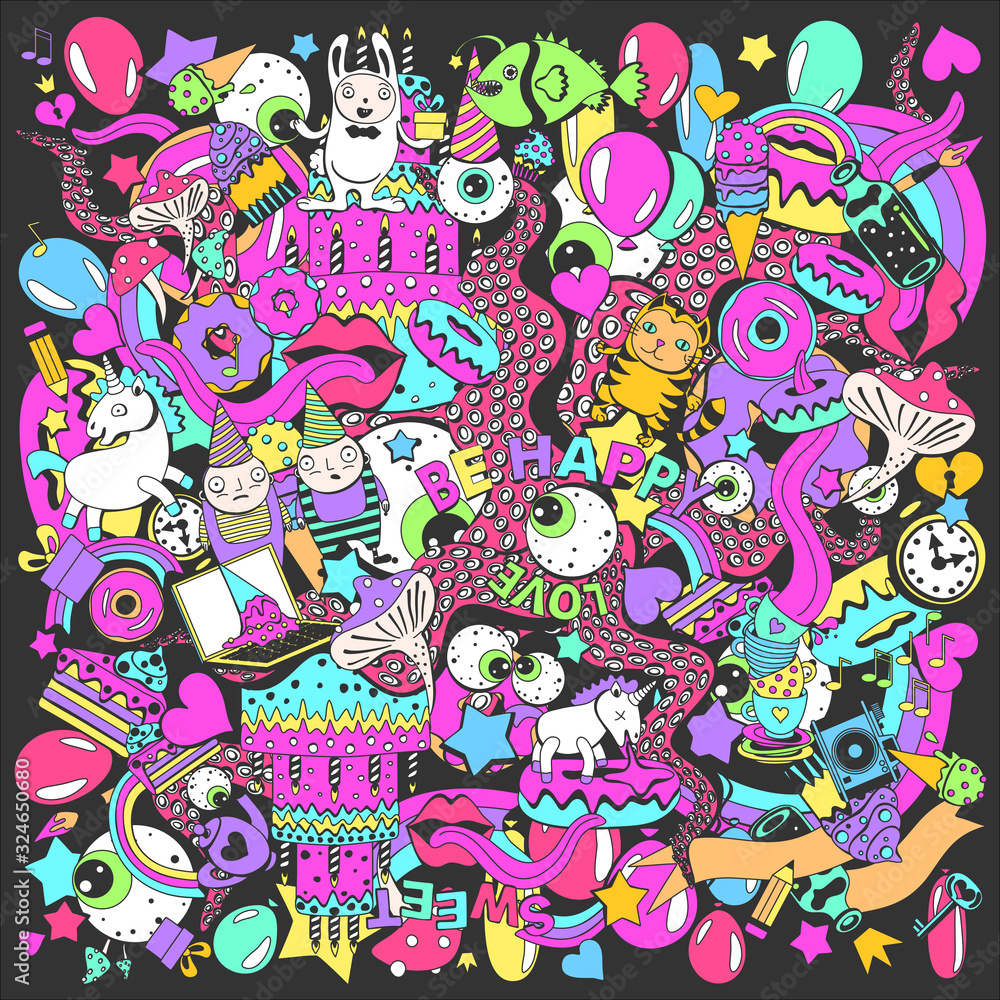crazy doodle sweet unicorns, rainbows, donuts and sweets. Decorative print.