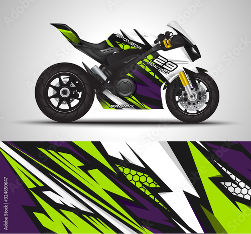 Racing motorcycle wrap decal and vinyl sticker design. Concept graphic abstract background for wrapping vehicles, motorsports, Sportbikes, motocross, supermoto and livery. Vector illustration.