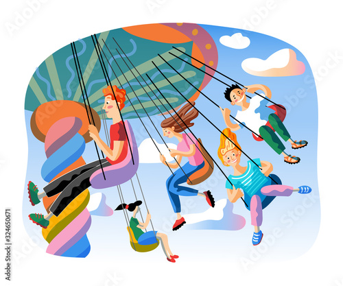 Kids on swing ride flat vector illustration