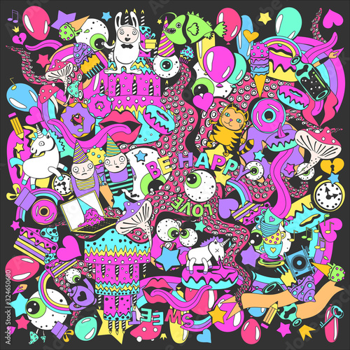 crazy doodle sweet unicorns, rainbows, donuts and sweets. Decorative print.