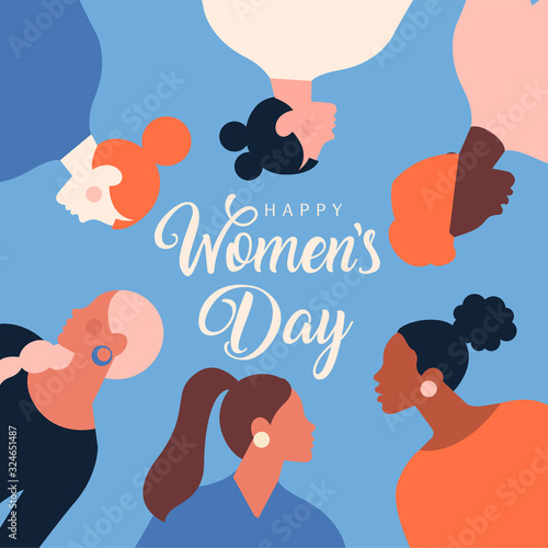 Greeting card or postcard templates with feminism activists and Happy Womens Day wish. Modern festive vector illustration for 8 March celebration.