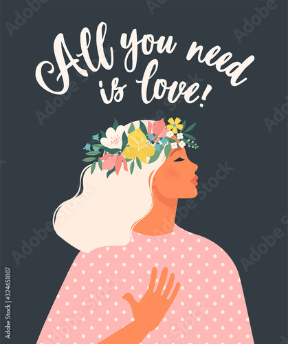 Happy womens day. Template for a spring banner, card, poster. Beautiful women with a flower wreath and dress. Vector illustration with an lettering. Pretty girl in nature.