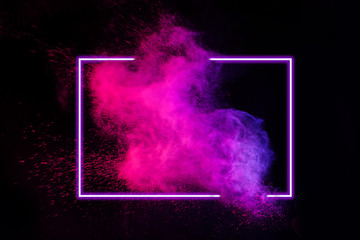 Abstract color splash with neon frame for wallpaper design. Colorful dust explode. Paint splash on white background