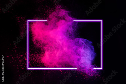 Abstract color splash with neon frame for wallpaper design. Colorful dust explode. Paint splash on white background photo