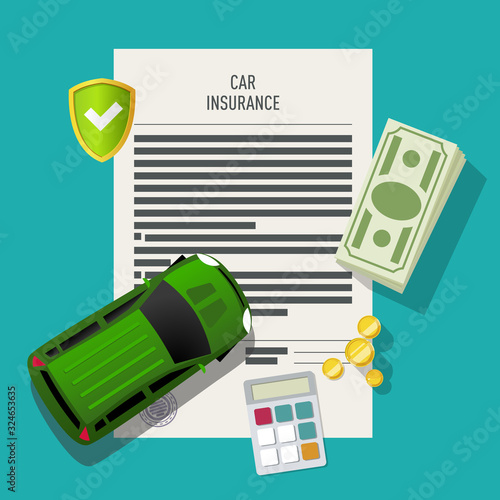 Car insurance concept. Car on insurance contract document with calculator, money and shield.