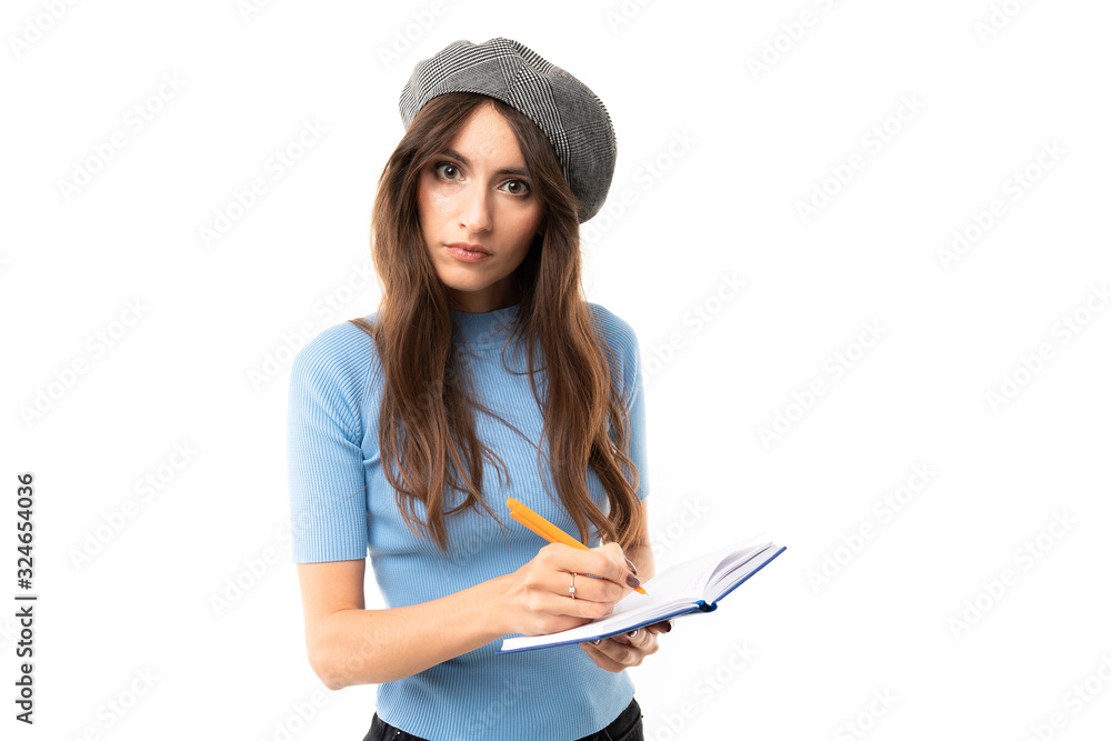 Cheerful woman with long hair do notes isolated on white background Cheerful woman with long hair do notes isolated on white background