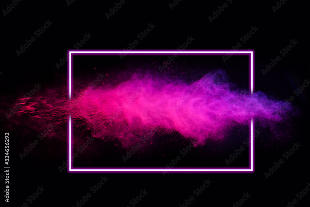 Abstract color splash with neon frame for wallpaper design. Colorful