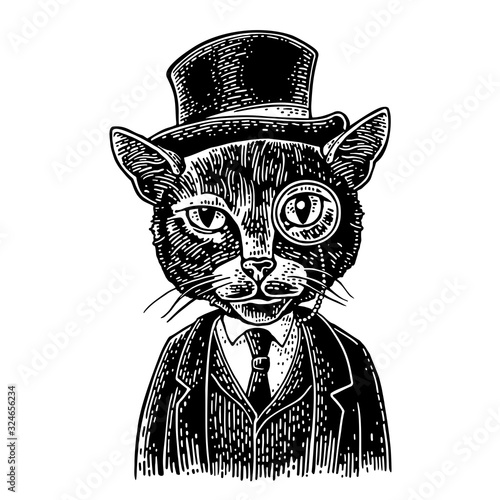 Cat gentleman holding a watch and dressed hat, suit. Engraving