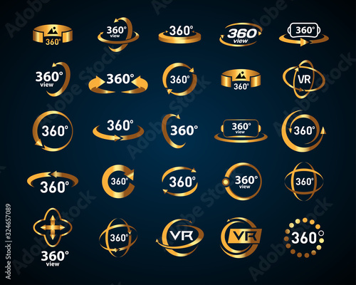 Gold 360 Degrees View Vector Icons set on black background. Virtual reality icons. Isolated vector illustrations. Golden Color version.