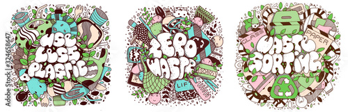 Waste sorting, Zero waste, Use less plastic doodle style vector lettering illustration
