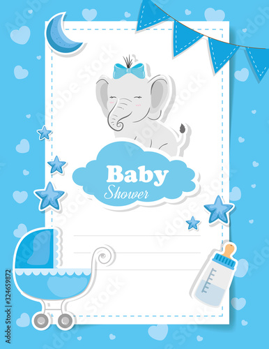 baby shower card with elephant and icons vector illustration design