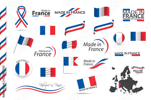Big set of French ribbons, symbols, icons and flags isolated on a white background, Made in France, Welcome to France, premium quality, French tricolor, set for your infographics and templates photo