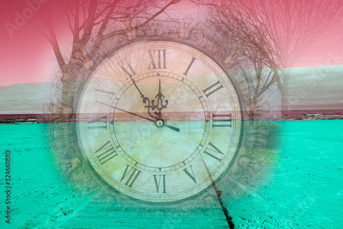 Tableau sur toile Wooden road, clocks and trees, another world