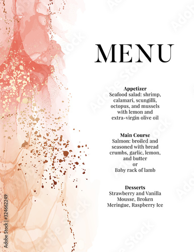 Abstract Pastel orange  paint art and gold marble oil watercolor wallpaper. Soft pink and gold alcohol ink pattern, menu design, poster template. Luxury blush design in vector