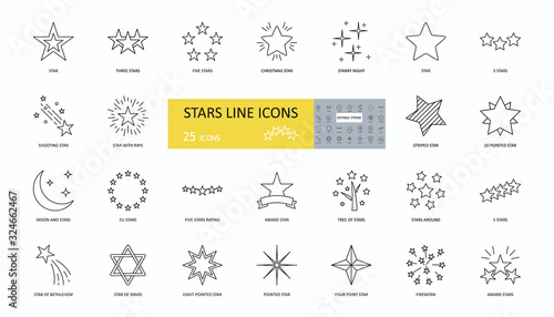 Set of 25 vector star icons with editable stroke. Linear stars are single, three, five. Christmas, Bethlehem, David, EU, fireworks, falling, with rays, striped, starry night, pointed.