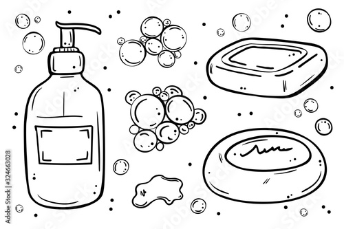 Bars of solid soap and liquid soap in a bottle with a dispenser.