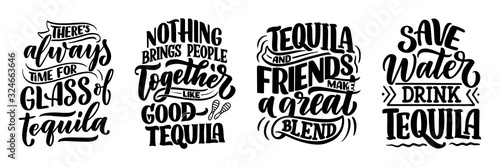 Set with lettering quotes about tequila in vintage style. Calligraphic posters for t shirt print. Hand Drawn slogans for pub or bar menu design. Vector