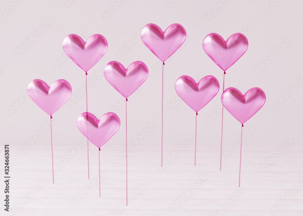 heart shaped balloons on a light background. 3d illustration