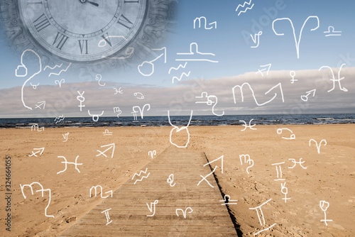 Sea beach and astrological horoscope symbols