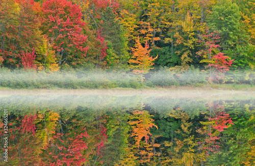 Foggy autumn landscape with reflections of trees in calm water, Michigan's Upper Peninsula, USA photo